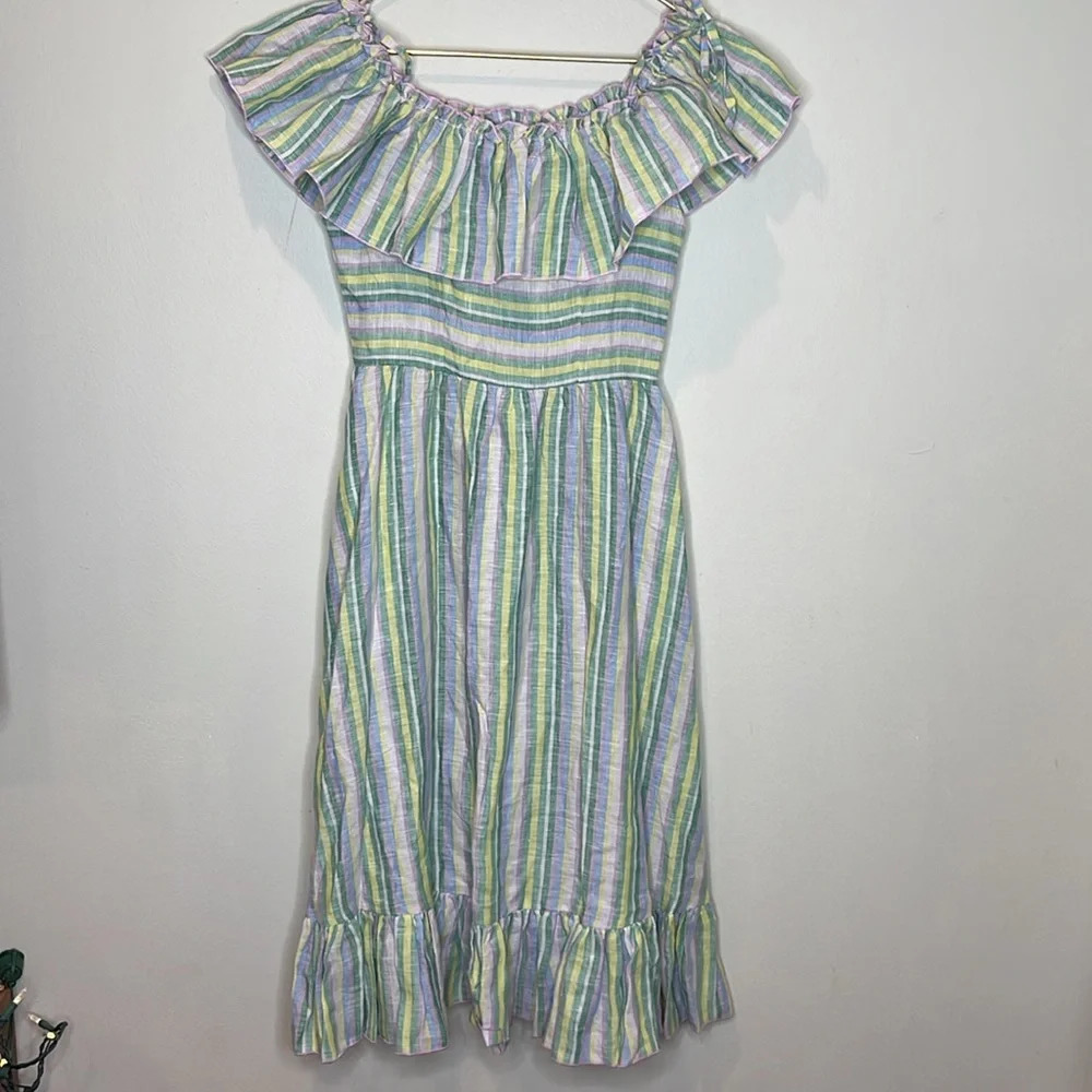 Gul Hurgel Pastel Multicolored‎ Striped Linen Midi Dress XS